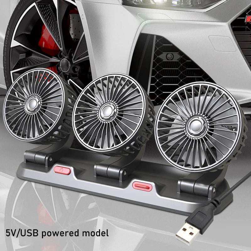 Lenovo Ventilateur de voiture 360° réglable à 3 têtes Ventilateur électrique automobile Ventilateur USB/12V/24V Ventilateur de voiture silencieux à 2 vitesses pour la maison et le bureau