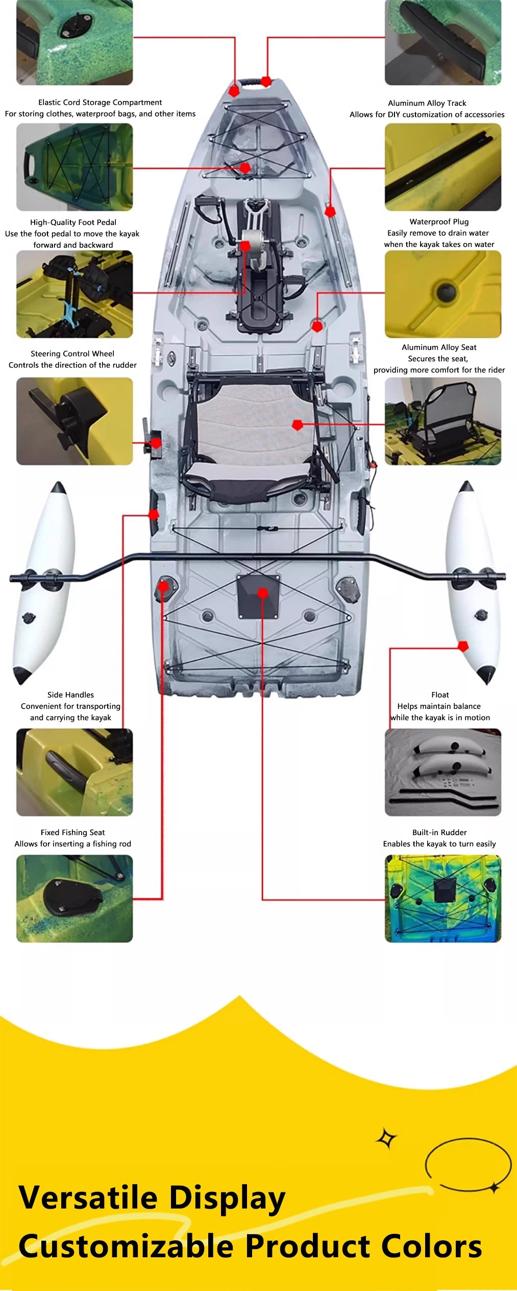 Modular Kayak Electric Pedal Driven HDPE Fishing Boat Portable Take Apart Canoe Motorized Lightweight Durable Accessories Gear