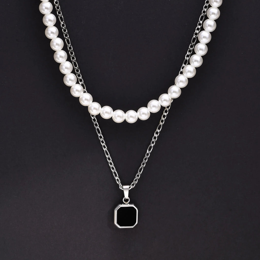 Vnox 2pcs Necklaces Set for Men, Geometric Square Pendant with 55cm Rope Box Cuban Chain, Simulated Pearl Chain Steel Collar