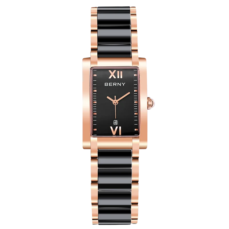 BERNY Women's Watches Calendar Date Elegant Classic Rectangle Ceramics Quartz Ladies Watch Luxury Fashion Women Wristwatch