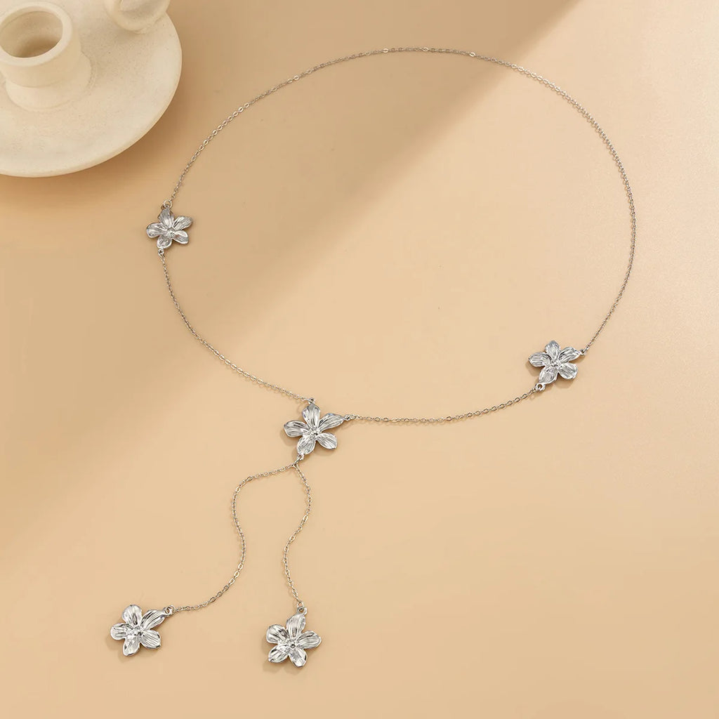 Romantic Five-petal Flower Long Tassel Y-shaped Necklace for Women Bohemia Gold Color Flower Necklace Elegant Party Jewelry