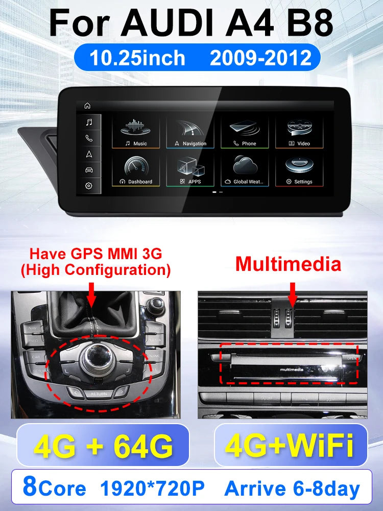 For Audi AUDI A4 B8 2009 20110 2011-2016 10.25-inch car radio multimedia player Android 15 Wireless Carplay stereo DSP 4G WiFi