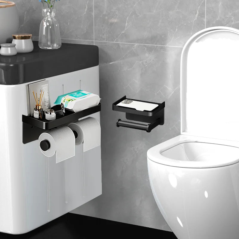 Support de papier toilette en alliage d'aluminium avec étagère murale et support de téléphone pour la maison et la salle de bain