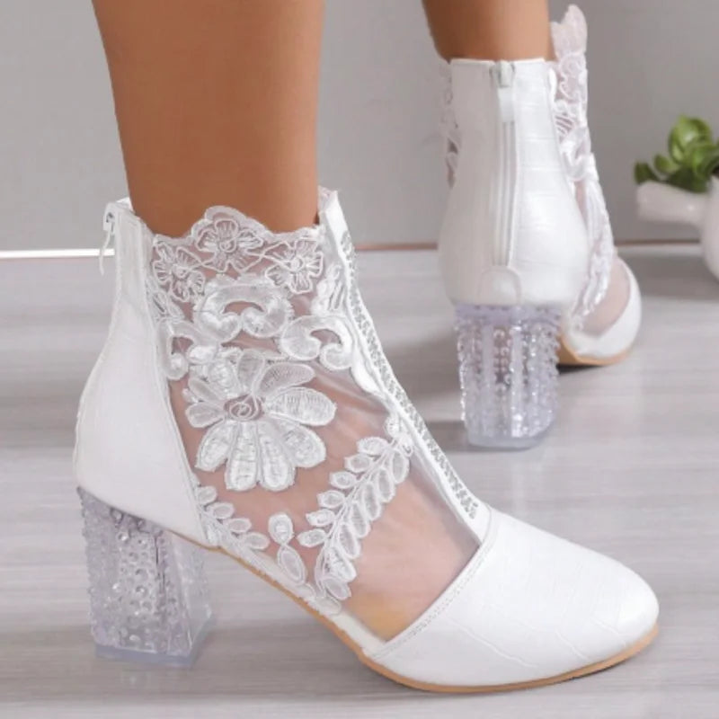 NEW Ethnic Style Women Retro Lace Embroider High Heels Ankle Boots Spring Autumn Round Toe Platform Cool Boot Thick Heeled Pumps