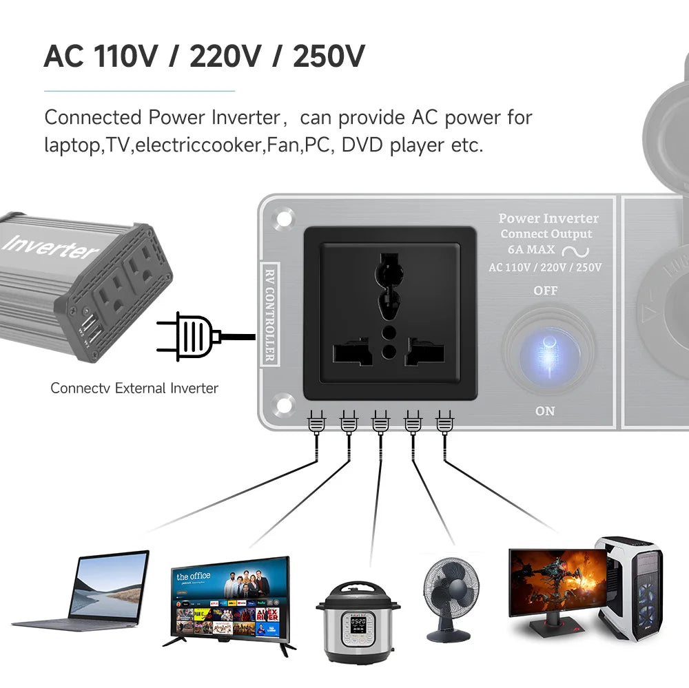 Chargeur de voiture multifonctionnel onduleur à panneau en aluminium AC110V 220V double port USB QC3.0 12V 24V pour VR, yacht, remorques de voyage