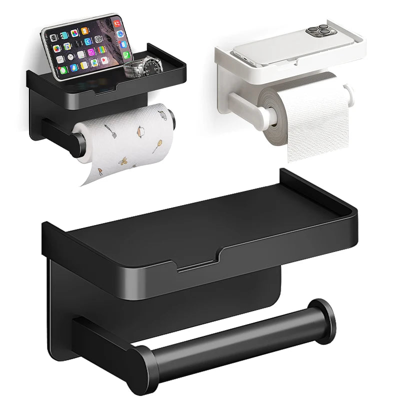 Support de papier toilette en alliage d'aluminium avec étagère murale et support de téléphone pour la maison et la salle de bain