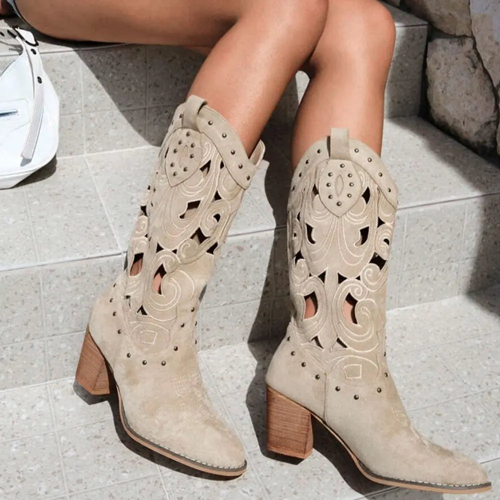 2026 Women's Summer Retro Round Toe Chunky Heels Vegan Suede Western Boots with Hollow Design and Rivets Cowboy Boots Shoes