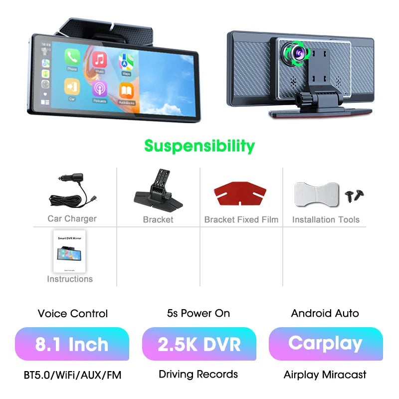 Janstie Dash Cam 4K+1080P Carplay Android Auto GPS Navigation 7/8.1 inch IPS Screen Car DVR IR Night Vision 24H Parking Monitor