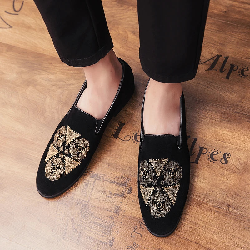 Designer Embroidery Leather Luxury Casual Formal Driving Dress Black Loafers Mens Moccasin Italian Wedding Office Shoes for Men
