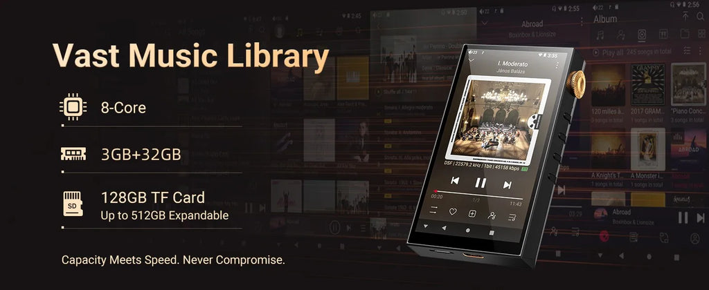 32G/160GB HiFi Hi-Res Audio Player，Bluetooth and WiFi, 4.4mm Balanced, Dual ESS DAC, 4.02" Digital DSD512 Lossless Spotify