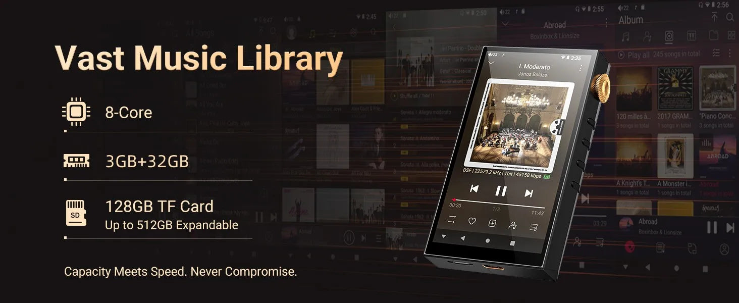 32G/160GB HiFi Hi-Res Audio Player，Bluetooth and WiFi, 4.4mm Balanced, Dual ESS DAC, 4.02" Digital DSD512 Lossless Spotify