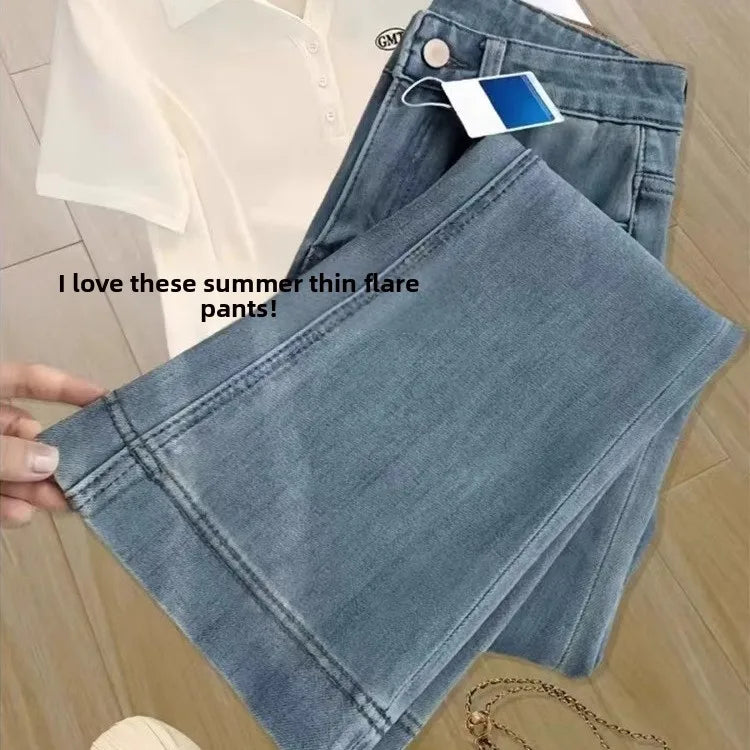 Jeans taille haute amincissants à jambe large pour femmes, pantalon en jean fin d'été, petite taille, coupe droite, micro-évasé, neuf points.