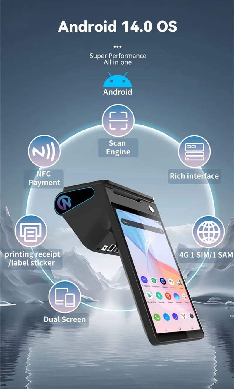 Z108 Android 14 Dual-Screen Desktop Tablet Cash Register with 8" Touch Display NFC Scanner 58/80mm Thermal Printer POS Terminal