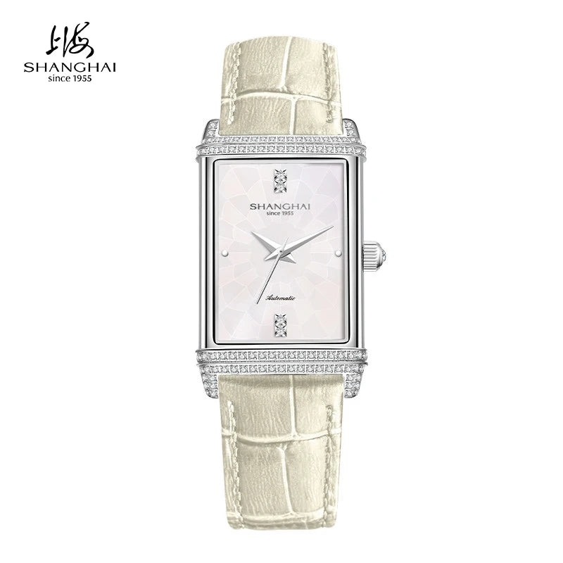 Shanghai Watches Vintage Women's Mechanical Watch 25x41 mm Rectangle Automatic Watch 3D Dial Sapphire Leather Fashion Watch 22MT