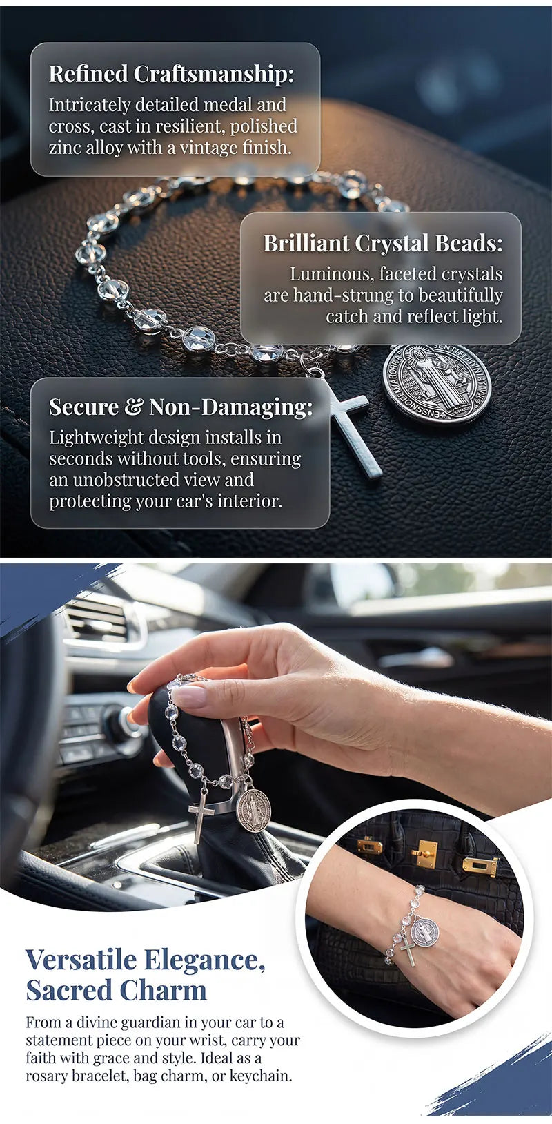 Catholic Protection Rosary Car Accessory St. Benedict Medal & Cross Pendant For Auto Interior Decor Religious Protection Pendant
