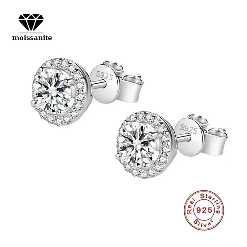 Real Moissanite Round Stud Earrings 1ct D Color VVS1 Shiny Diamond Pure 925 Sterling Silver for Women Wedding Fine Jewelry