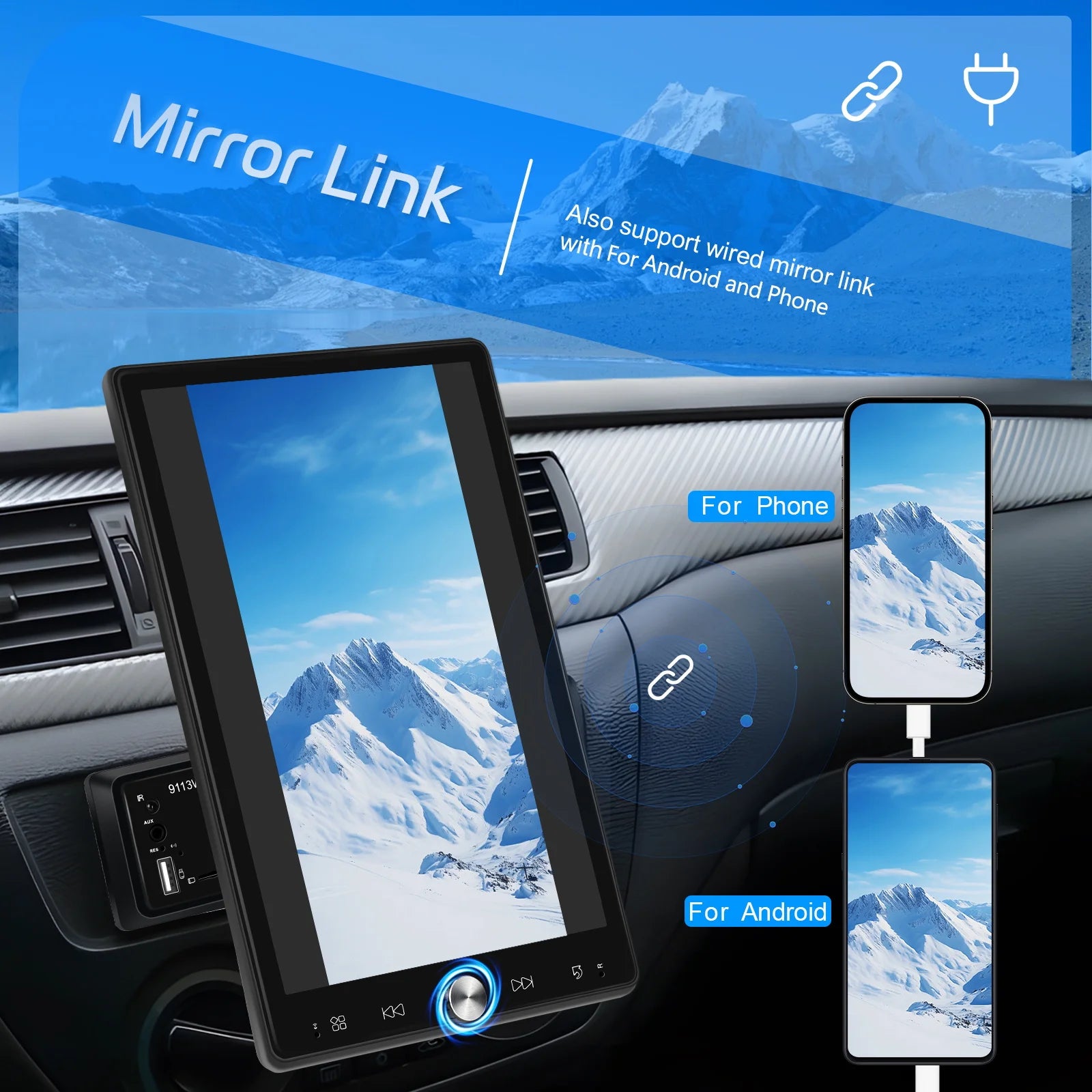 PODOFO Single Din with Wireless Carplay Android Auto, 10.4 Inch Vertical Touch Screen Car Stereo with Mirror Link, FM/ RDS Radio, Audio Receivers with Steering Wheel Control EQ AUX/ USB+Mic, Incar Entertainment, Driving Multi