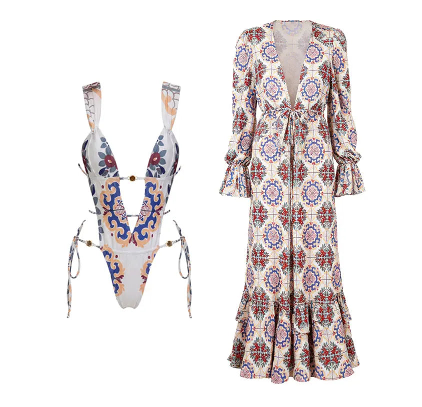 Maillot de bain 3 pièces push-up 2026 à imprimés rétro avec pantalon en maille, maillot de bain sexy pour femme, paréo de plage à bretelles