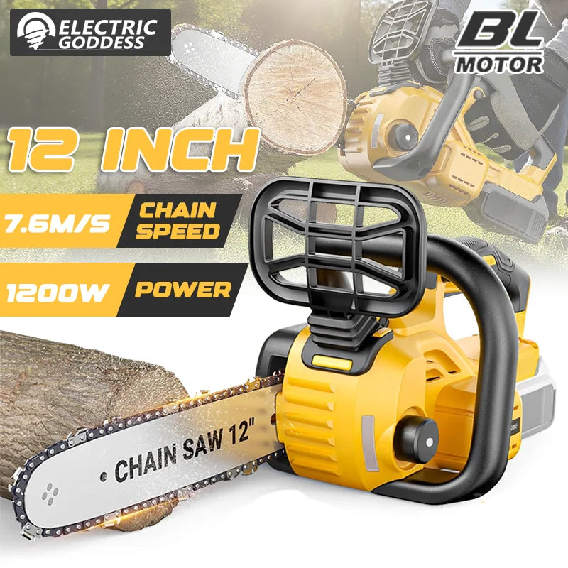 1200W 12 Inch Brushless Electric ChainSaw Cordless Battery Saw Portable Garden Woodworking Power Tool For Dewalt 20V Battery Pin