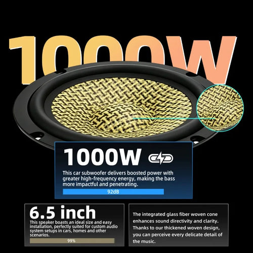 2x Subwoofers 6,5 pouces Haute Puissance 1000W Haut-parleur Grave Médium Tissu Anti-balles Fibre de Carbone HIFI Basse Haute Puissance Automobile