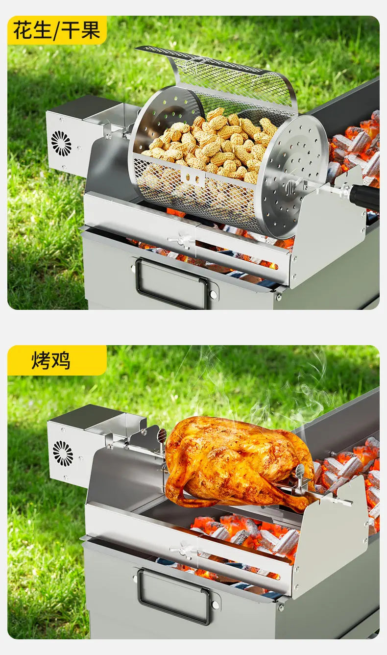 360° Automatically Rotate BBQ Rolling Barbecue Cage Stainless Steel Smoked Round Grill Basket for Grilled Chicken Rotisserie