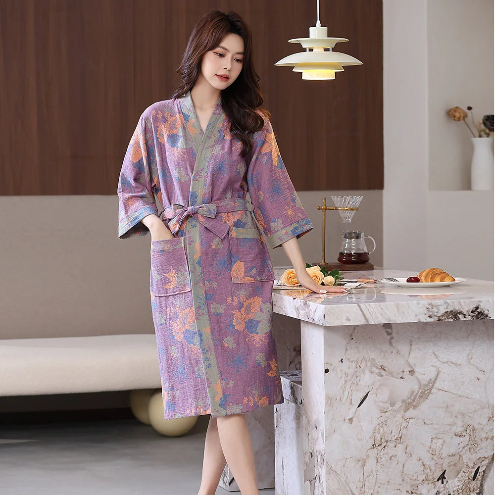 Spring and Summer Thin Cotton Double-layer Bathrobe Pajamas Home Wear Ladies's Absorbent Quick Drying Yukata Robes