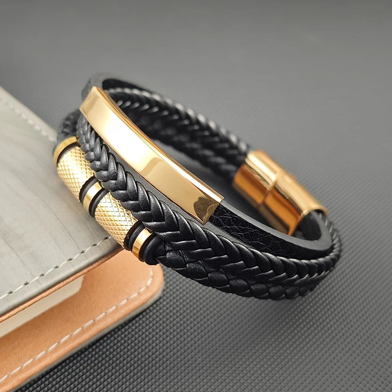 New Gold Beads Charm Men Bracelet Stainless Steel Magnetic Buckle Braided Mutilayer Leather Wrapped Bangles Women Jewelry Gift