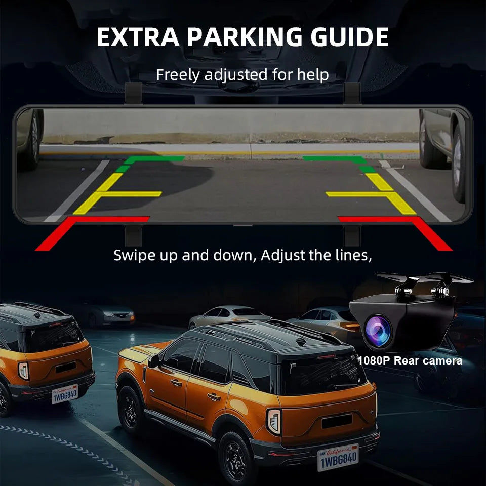 Enregistreur de conduite de rétroviseur 4K Vision nocturne HD Enregistrement en boucle Caméra de tableau de bord Caméra arrière en option Image de recul DVR de voiture