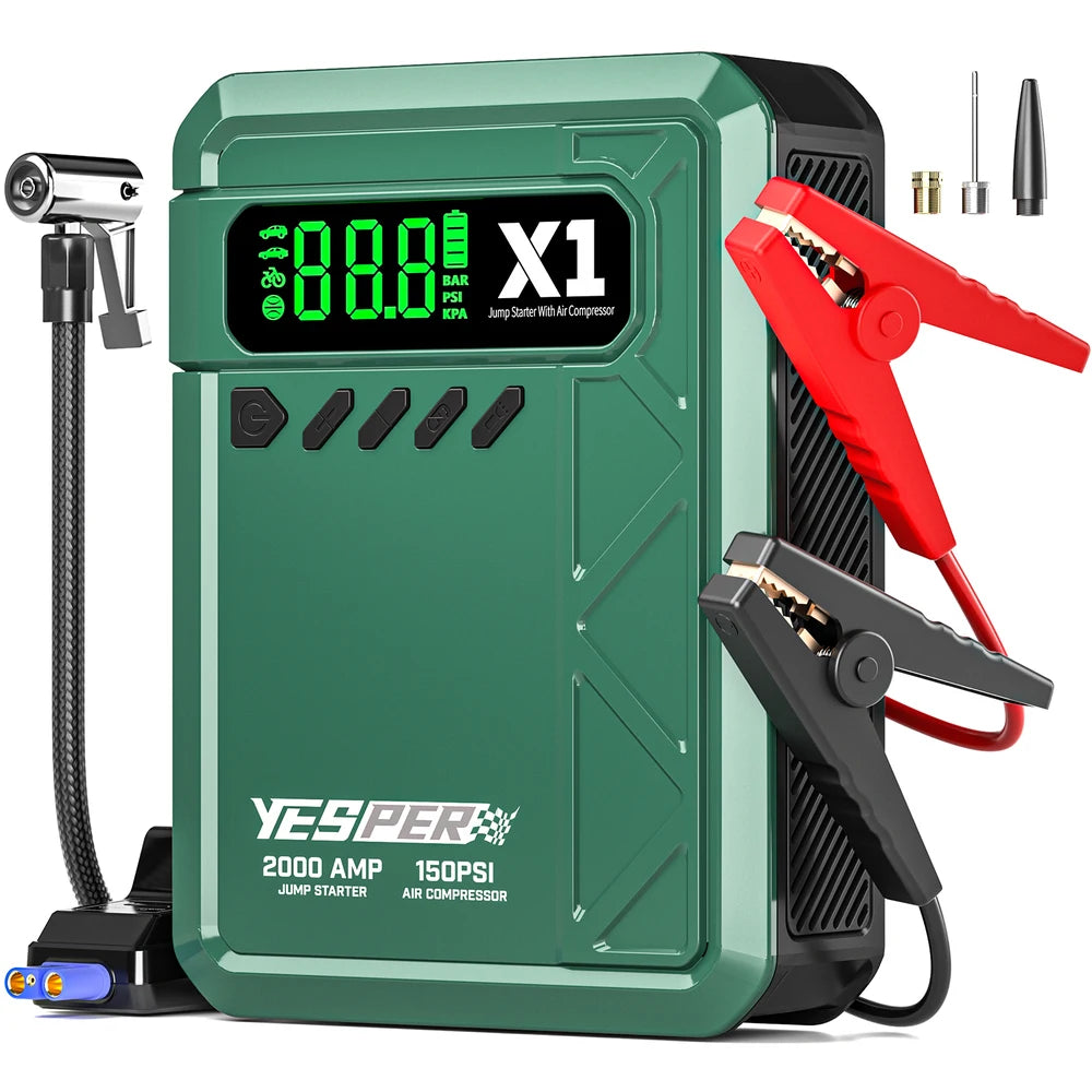 YESPER 2000A Car Jump Starter Air Compressor 150PSI 12V Battery Booster 8L Gas 6L Diesel Safe Jump Box with LCD Screen&SOS Light