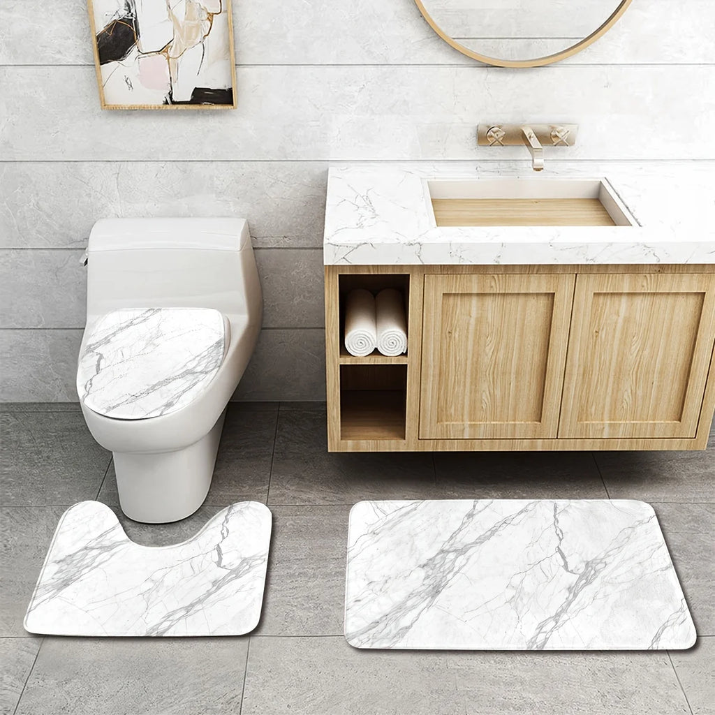 3PCS Marble Bath Mat Set  Non-Slip Machine Washable Includes Floor Mat & Toilet Cover Christmas Decor Polyester Bathroom Upgrade