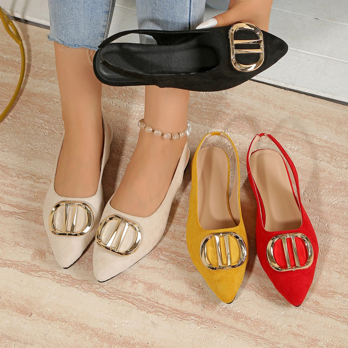 French Pointed-toe Metal Flat Shoes Baotou Sandals Shallow-mouth Single Shoes Foreign-style Explosive Internet Celebrity