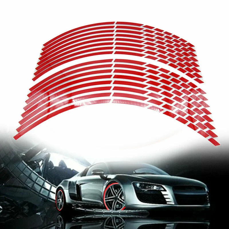 16Pc Motorcycle Bike Car Tire Reflective Stickers Cool Styling Tyre Rim Trim Decal Strip Tape Red Blue Waterproof Exterior Parts
