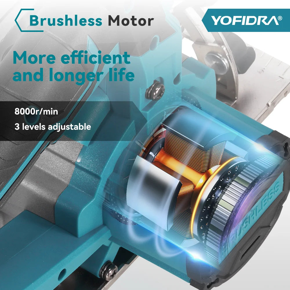 YOFIDRA Scie circulaire électrique sans balais 6 pouces, outil de coupe portatif pour bois et tuyaux en PVC avec profondeur de coupe de 55 mm, compatible batterie Makita