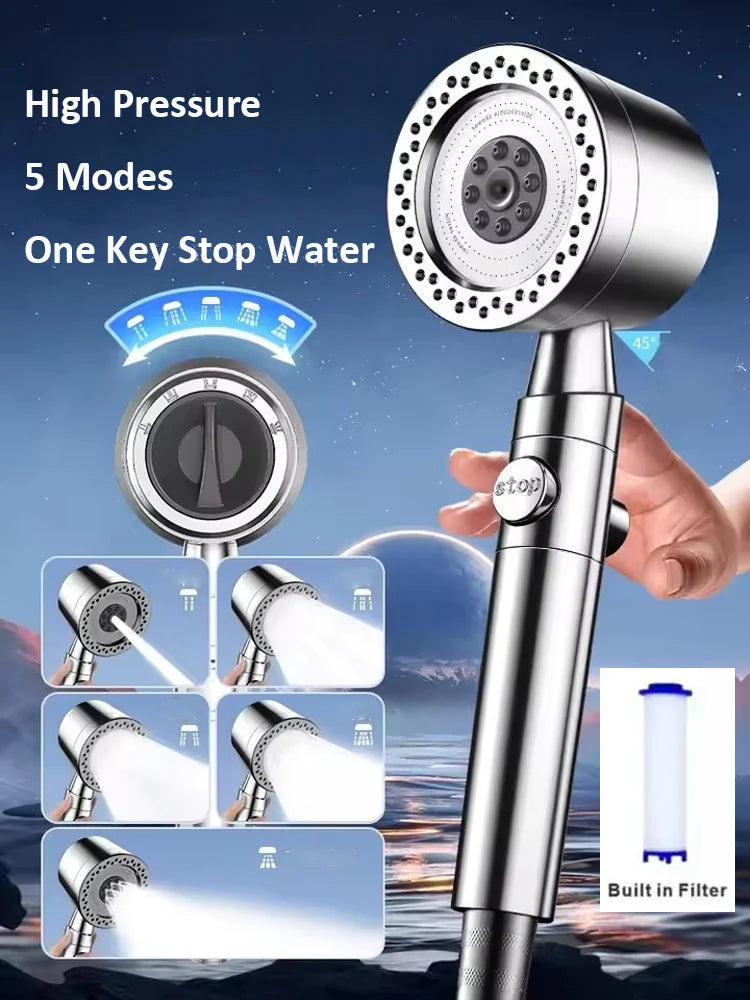 Nouvelle pomme de douche pressurisée 5 modes avec filtre, bouton d'arrêt, buses de pulvérisation économes en eau, grande pression, accessoires de salle de bain