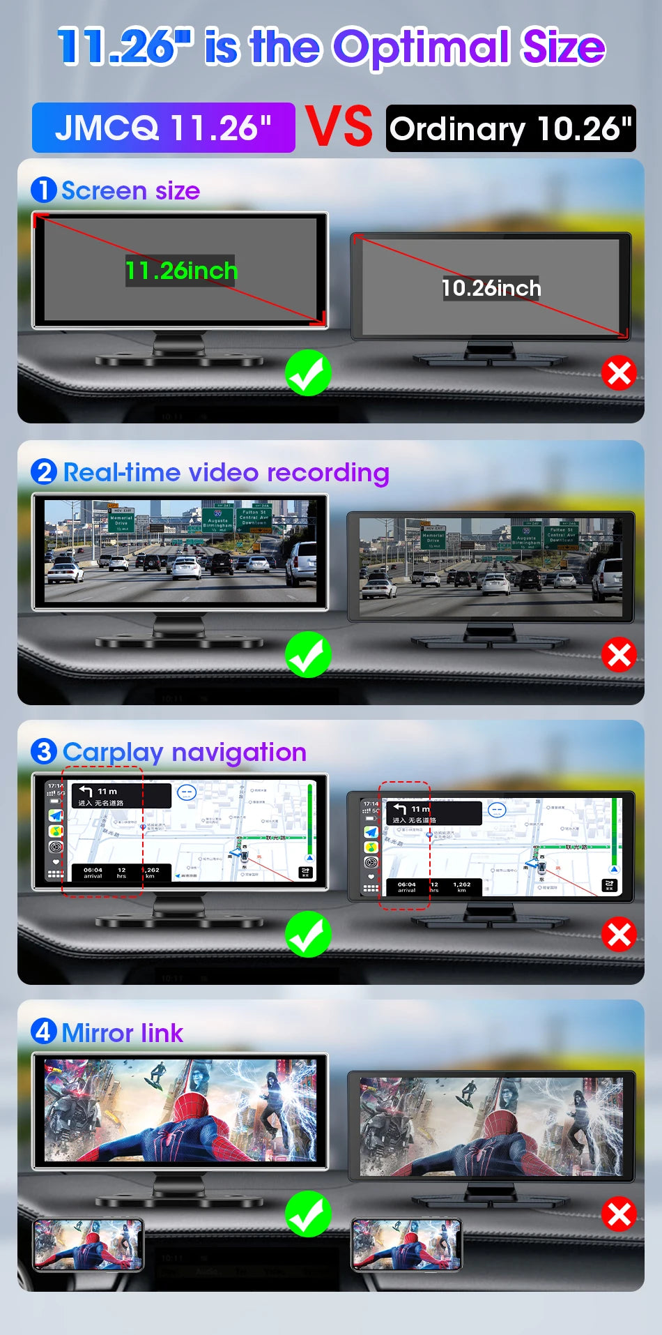 Srnubi 11.26" Dash Cam Rearview Carplay Android Auto 4K DVR Navigation Player Dual Lens Recorder Dashboard WIFI BT AUX GPS FM