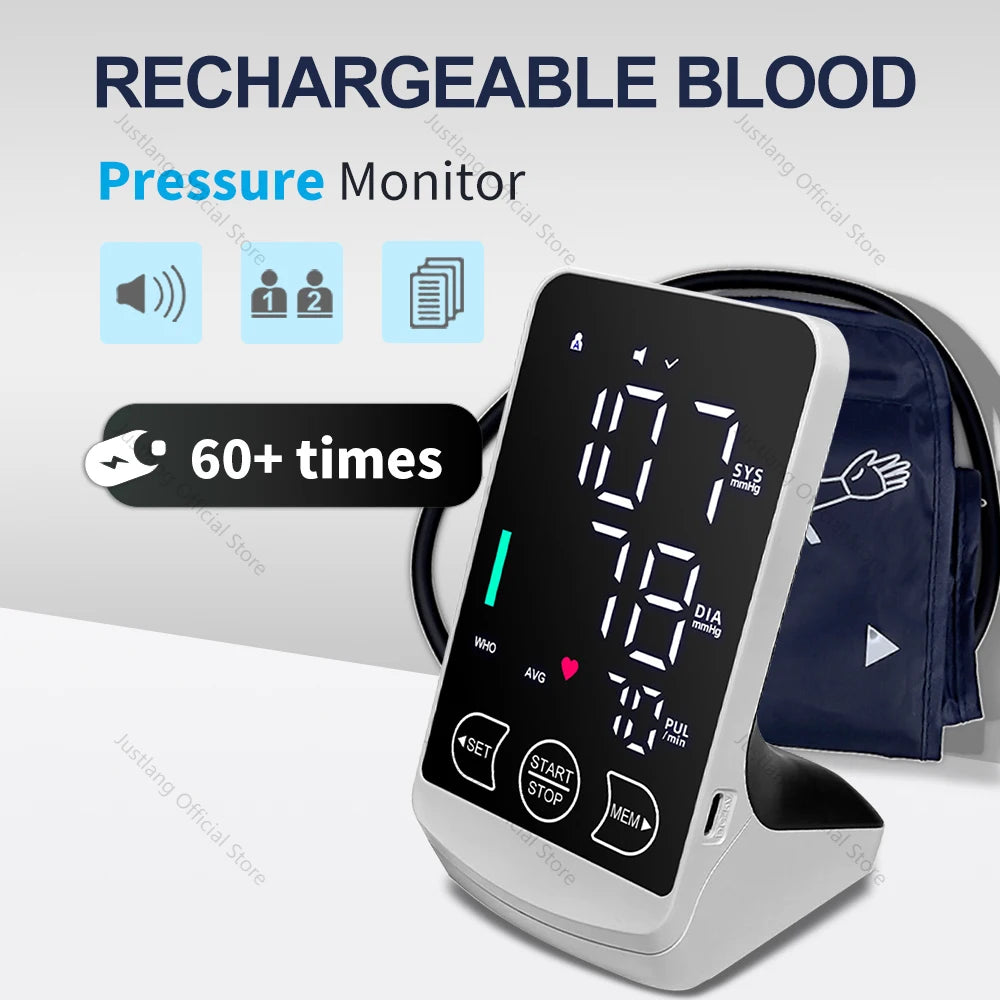 JUSTLANG Rechargeable Arm Blood Pressure Monitor Digital Tensiometer Voice Large Display Automatic Tonometer Health dropshipping