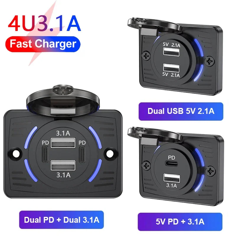 12V-24V Dual USB QC3.0 PD 3.1A/2.1A Car Charger Socket Quick Charge with Sliding Cap Outlet Panel Adapter for Truck Camper RV