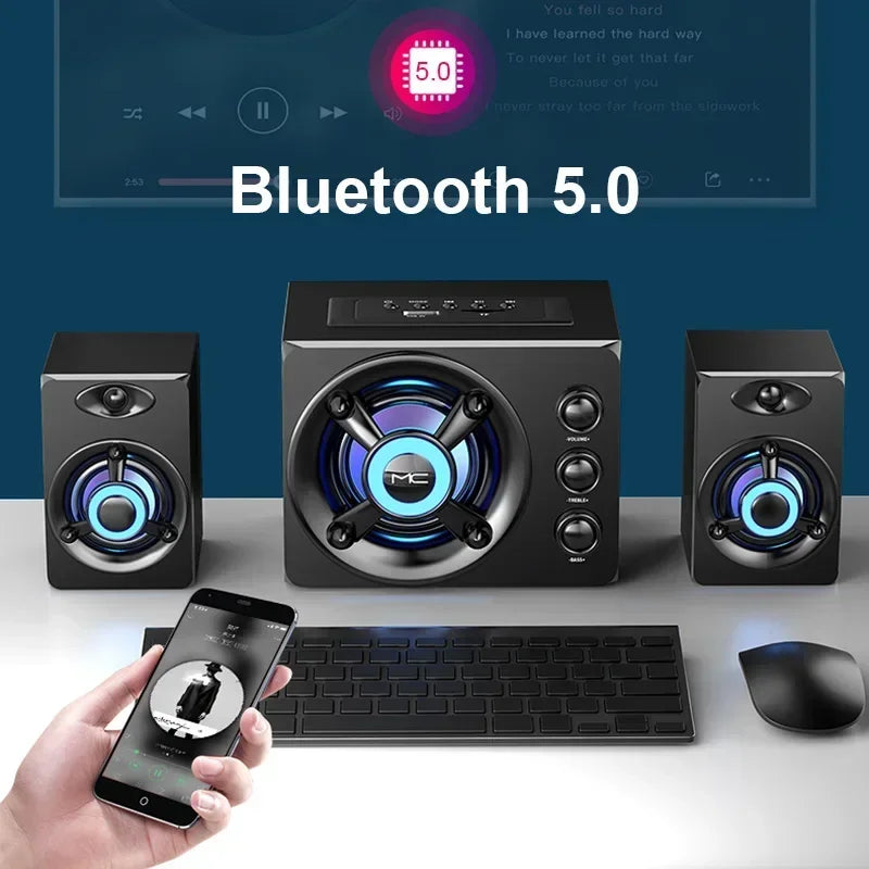 Powerful Bluetooth Speakers Colorful LED Home TV Theater Sound Wireless Subwoofer 3D Stereo Surround Wooden Material USB Wired