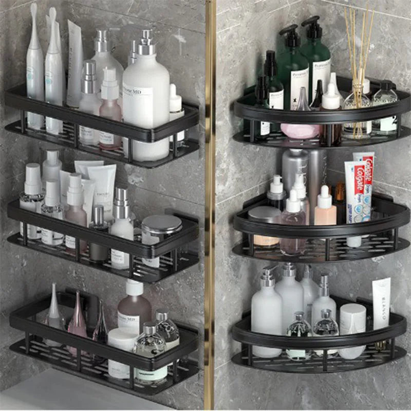 Organisateur de Rangement Étagère de Douche Étagère de Salle de Bain en Alliage d'Aluminium Support de Shampooing Maquillage Accessoires de Salle de Bain Étagère d'Angle Murale Sans Perçage