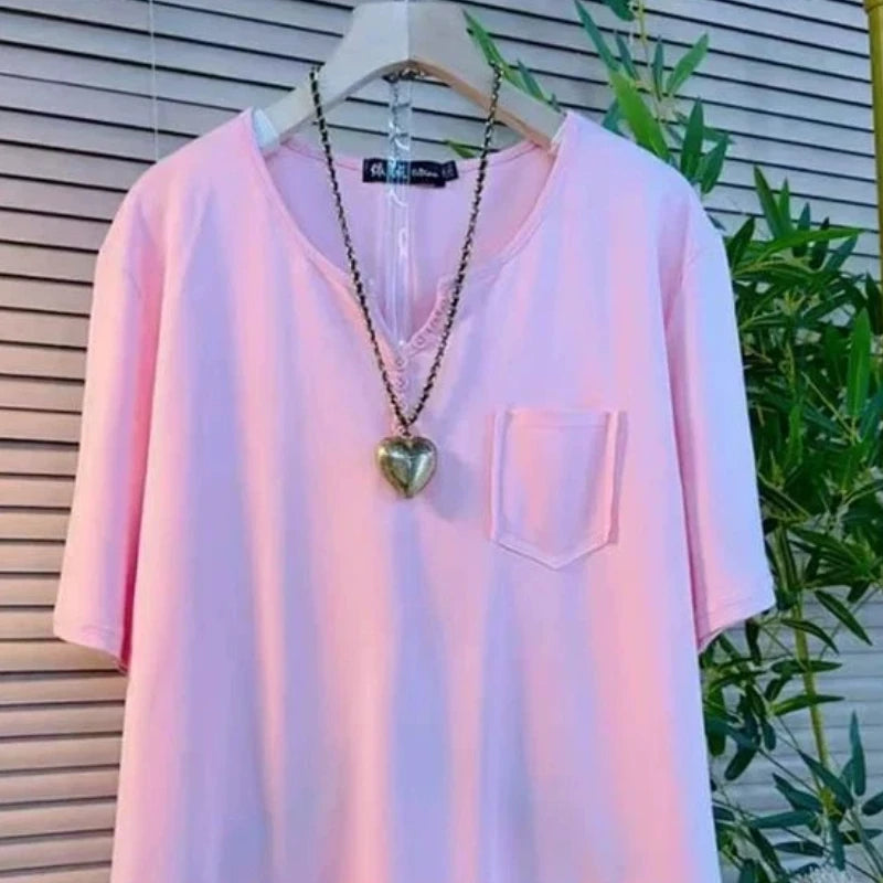 V Neck Pockets Patchwork Lazy Tops Short Sleeve Loose Solid Simplicity Casual T Shirts Summer New Fashion Trend Women Clothing