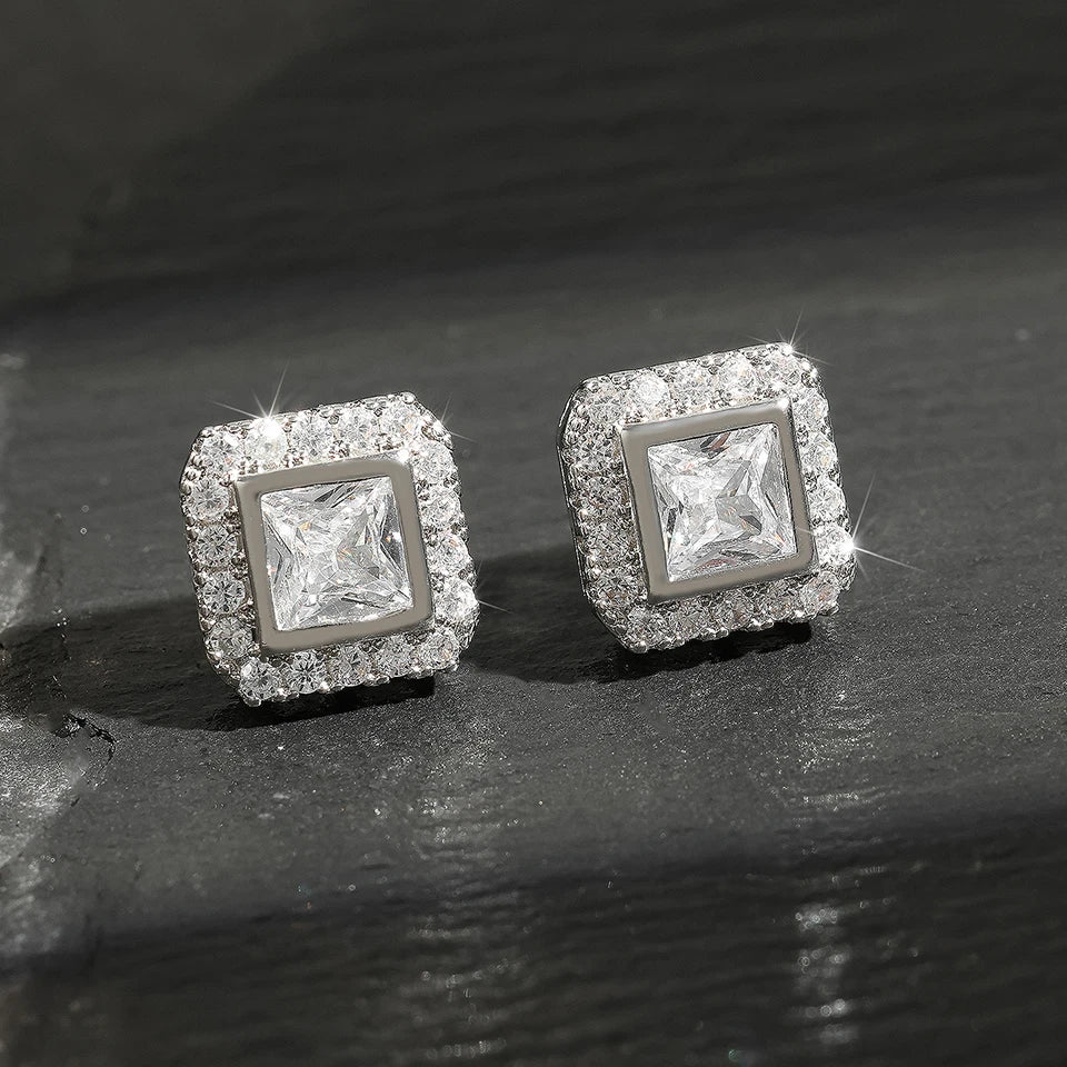 TrendMen Hiphop Rock Square Cubic Copper Zirconia Stud Earrings For Men Boy Silver Color Metal Crystal Earring Party Ear Jewelry