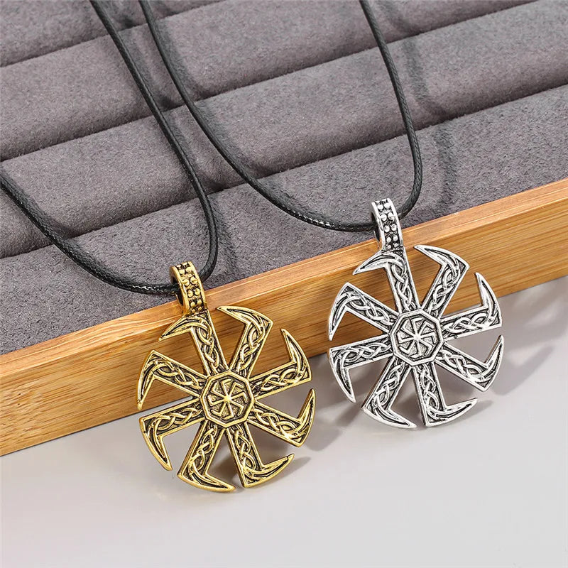 Men's Slavic Kolovrat Symbol Necklace Pagan Sun Wheel Talisman Amulet Link Chain Pendant Religious Jewelry for Men