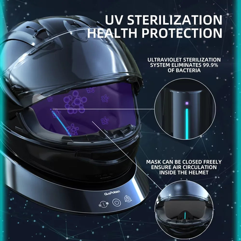 Smart Motorcycle Helmet Dryer Features Sterilization  Dust Removal Functions Temperature Control, and Ambient Lighting