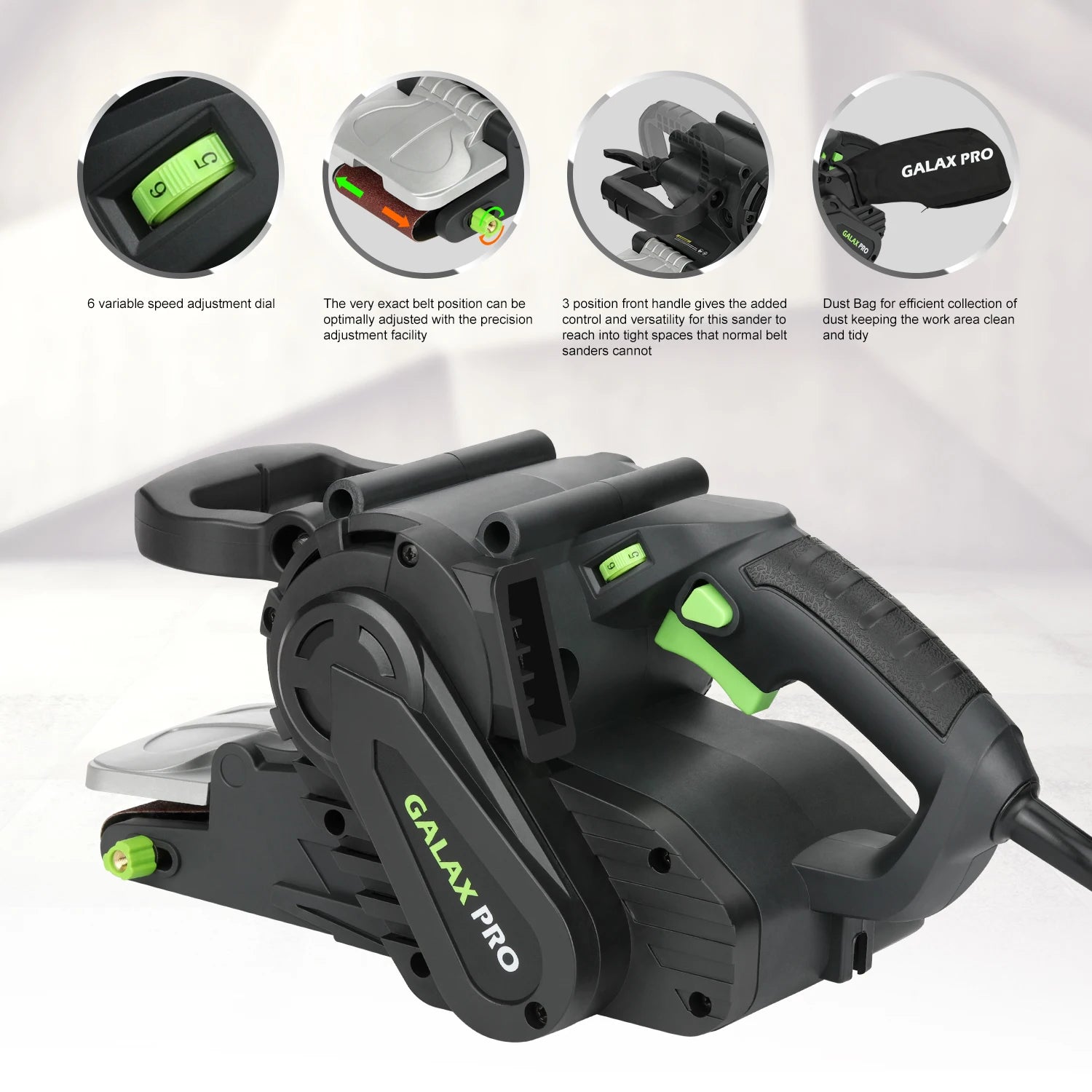 Ponceuse à bande GALAX PRO 1010W avec contrôle de vitesse et sac à poussière (raccord aspirateur) ponceuse avec meule pour le travail du bois