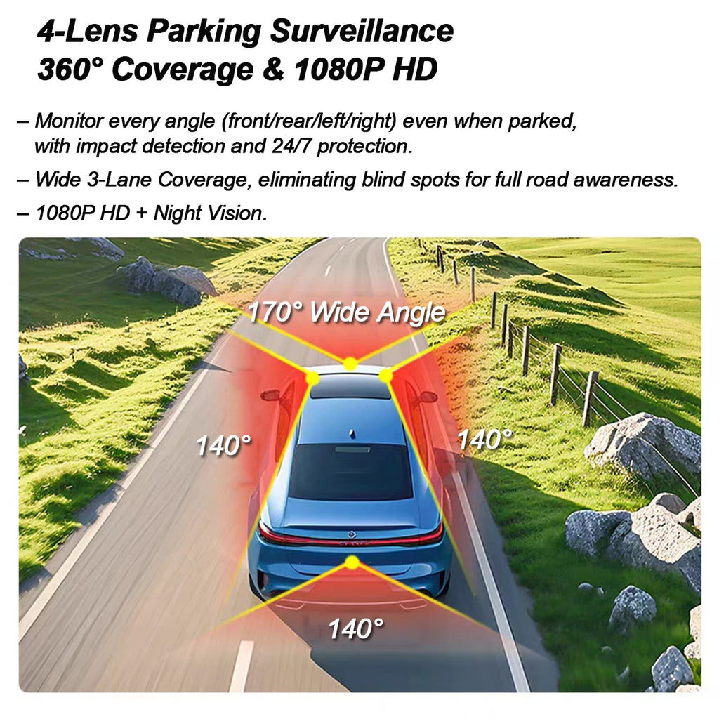 Caméra de tableau de bord DVR de voiture 4 canaux 360° WIFI avant intérieure rotative avec caméra de recul et moniteur de stationnement 24h