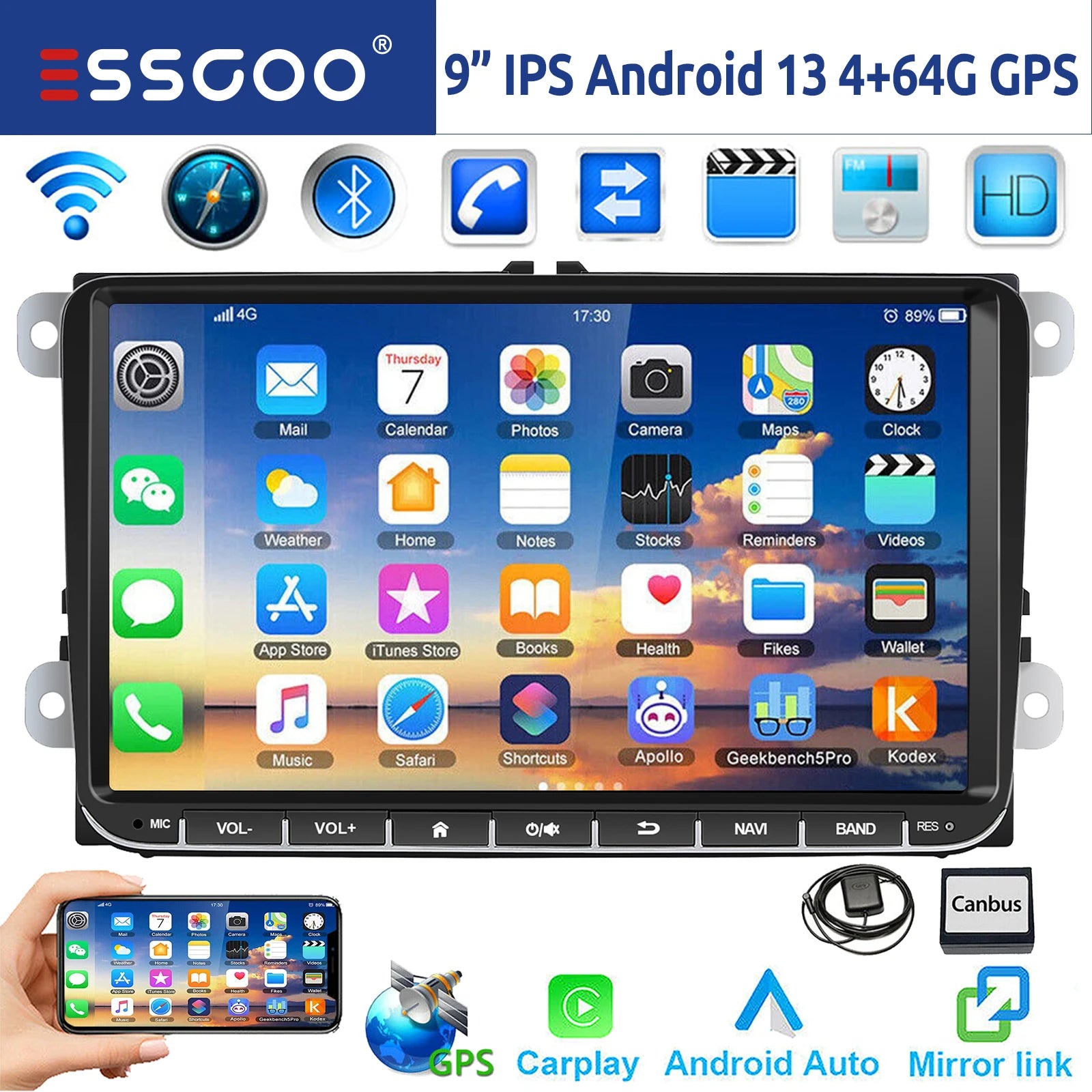 9" Android 14 Wireless Carplay Stereo