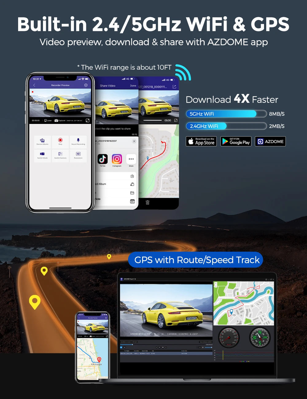 AZDOME M550 Pro Dash Cam Car DVR 5.8Ghz WiFi 3.19" IPS 2 or 3 Channel Dash Camera GPS Night Vision Dual 4K+1080P Parking Monitor