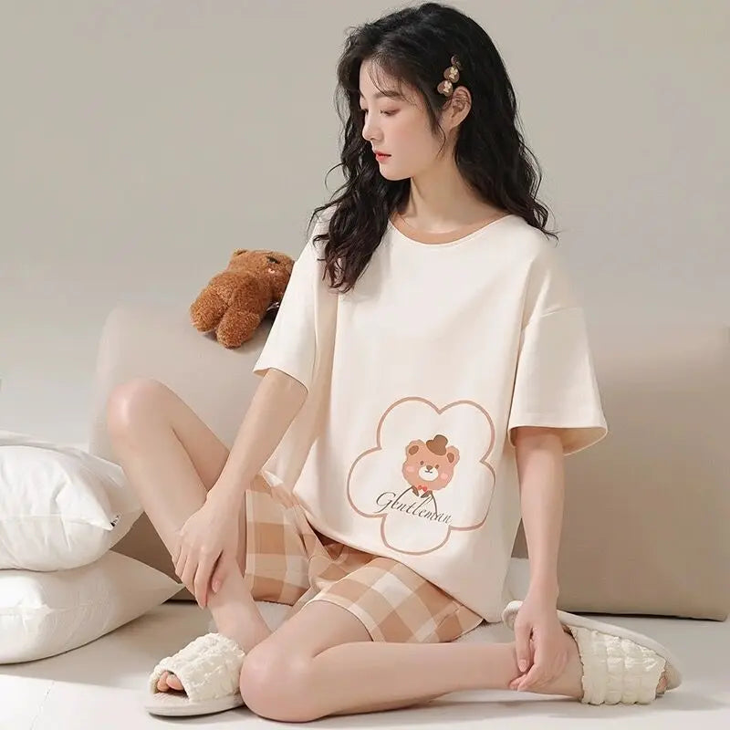 Women's Summer Short-Sleeved Short Pants Set, Youthful Teenage Student Oversized Loose-Fitting Casual Homewear Summer Set