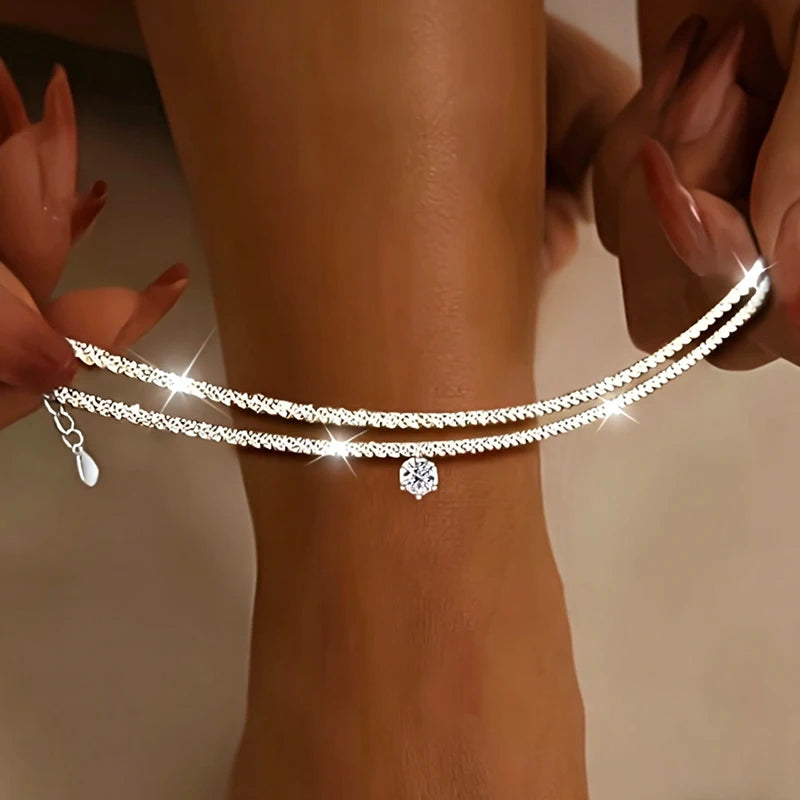 Adjustable Double Layer Cubic Zirconia Six Prong Anklet Summer Beach Waterproof Foot Jewelry Suitable For Daily Parties Banquet