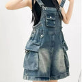 Salopette en Jean Américaine Femme Mode Jambes Larges Combinaison Slim Loose Design Style Jeune Barboteuse Courte